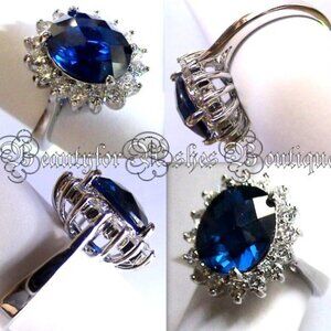 Brass Princess Diana Kate Checker Cut Sapphire Blue Cz Oval Wedding Ring Size 6